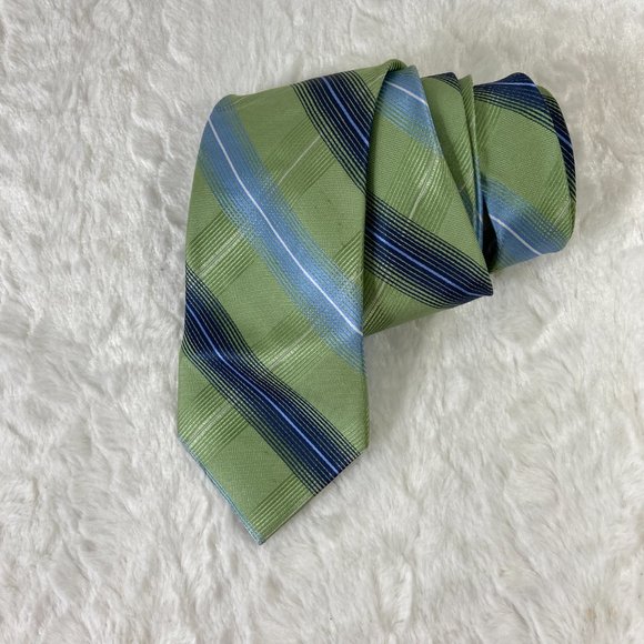 MICHAEL Michael Kors Lime Green and Blue Stripe Pattern 100% Silk Necktie Tie - Picture 3 of 4